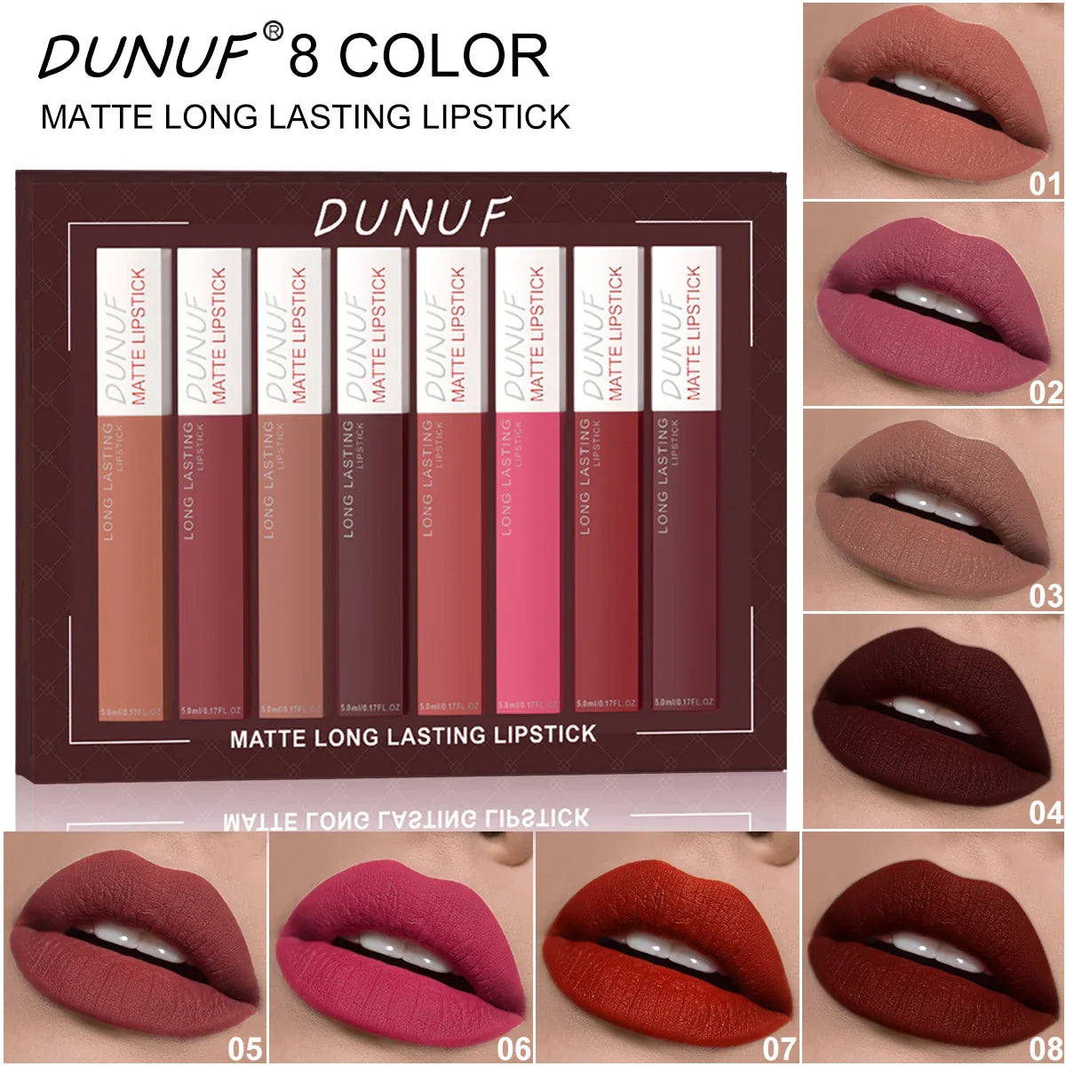 DUNUF 8-Piece Matte Lipstick Set – Waterproof Long-Lasting Nudes