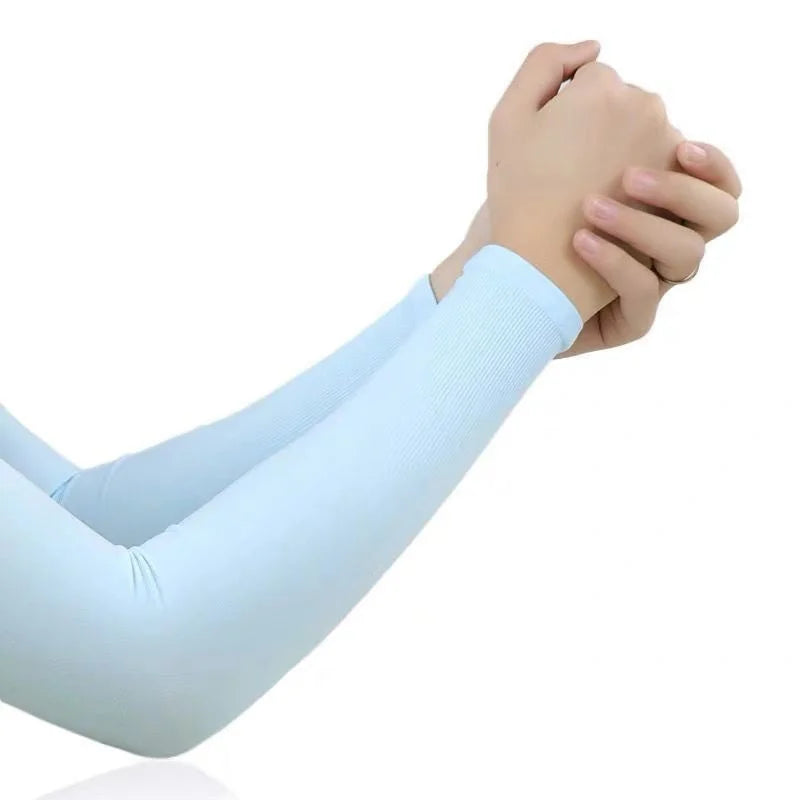 1Pair UV Protection Arm Sleeves for Men Women Summer Driving Sunscreen Ice Silk Cover Hand Protector Half Finger Long Gloves Peaceful Pleasures Health and Wellness Blue-No Finger-38cm One Size