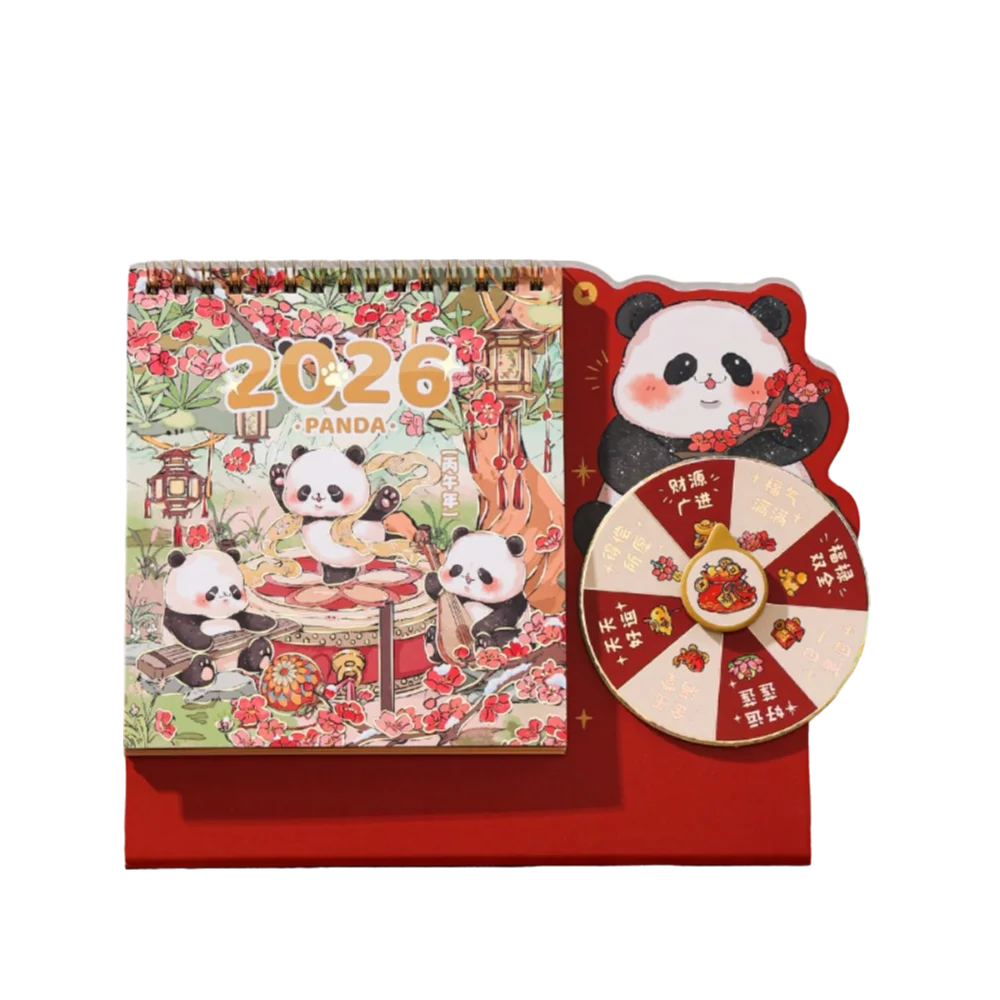 Cartoon Panda New Year Desktop Calendar Tear-away Double Coil Rotary Table Calendar 3D Thick Planner Calendar Student Peaceful Pleasures Health and Wellness Red