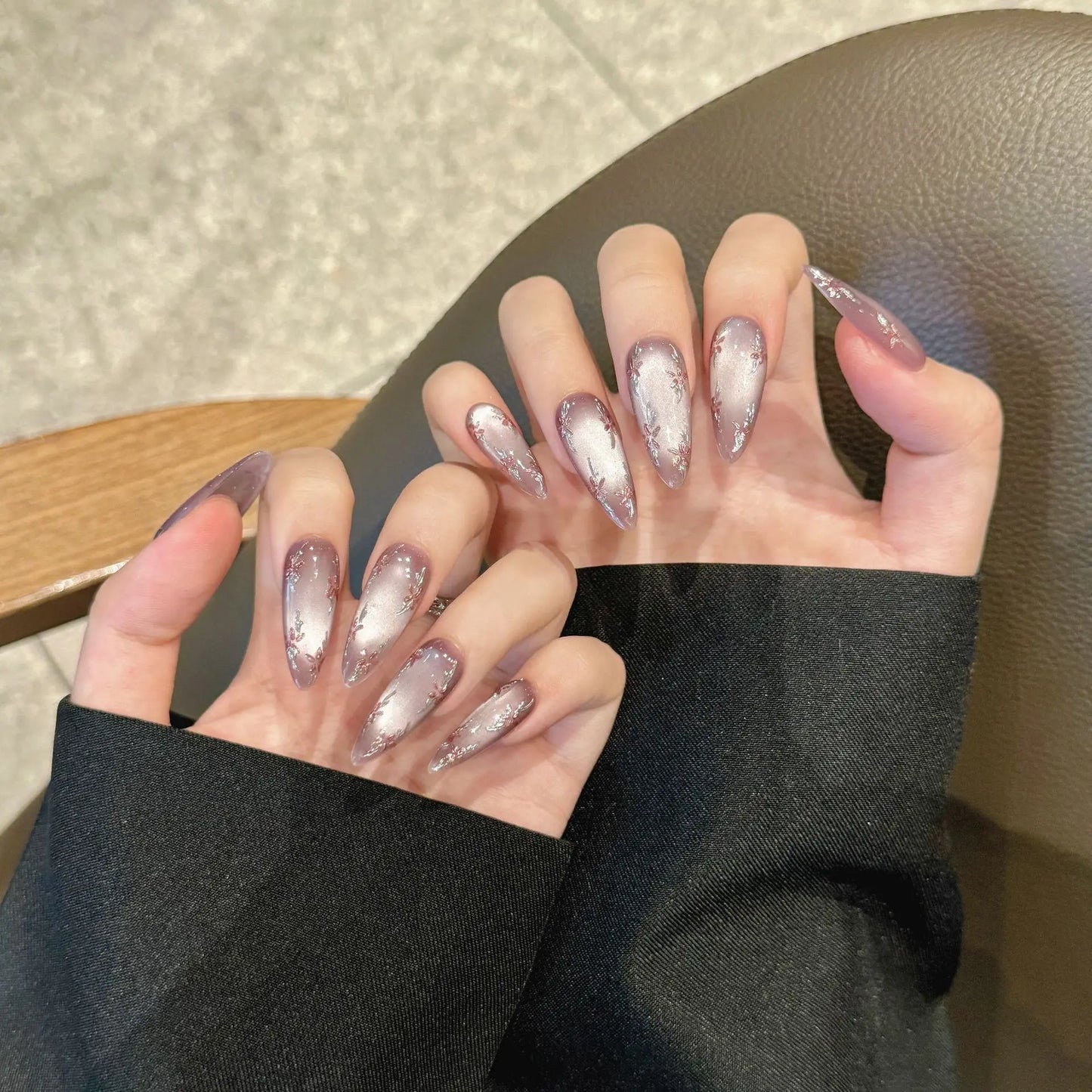 Handmade Press on Nails Hand-painted Flowers Fake Nails Full Cover Wearable Shiny Purple Cat Eye Almond False Nail Patches Peaceful Pleasures Health and Wellness