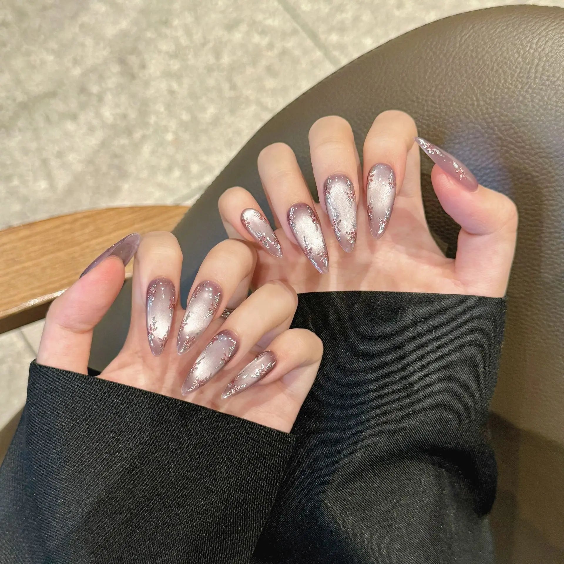 Handmade Press on Nails Hand-painted Flowers Fake Nails Full Cover Wearable Shiny Purple Cat Eye Almond False Nail Patches Peaceful Pleasures Health and Wellness
