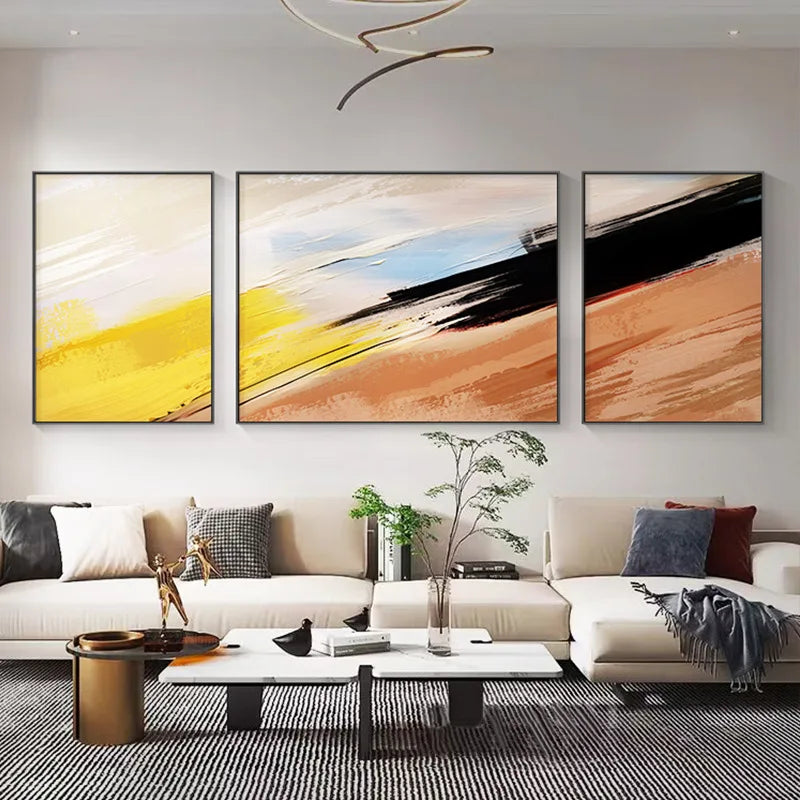 100% Hand-Painted Abstract Canvas Modern Minimalist Living Room Decoration Painting High-end Sense Art Triptych Mural Peaceful Pleasures Health and Wellness