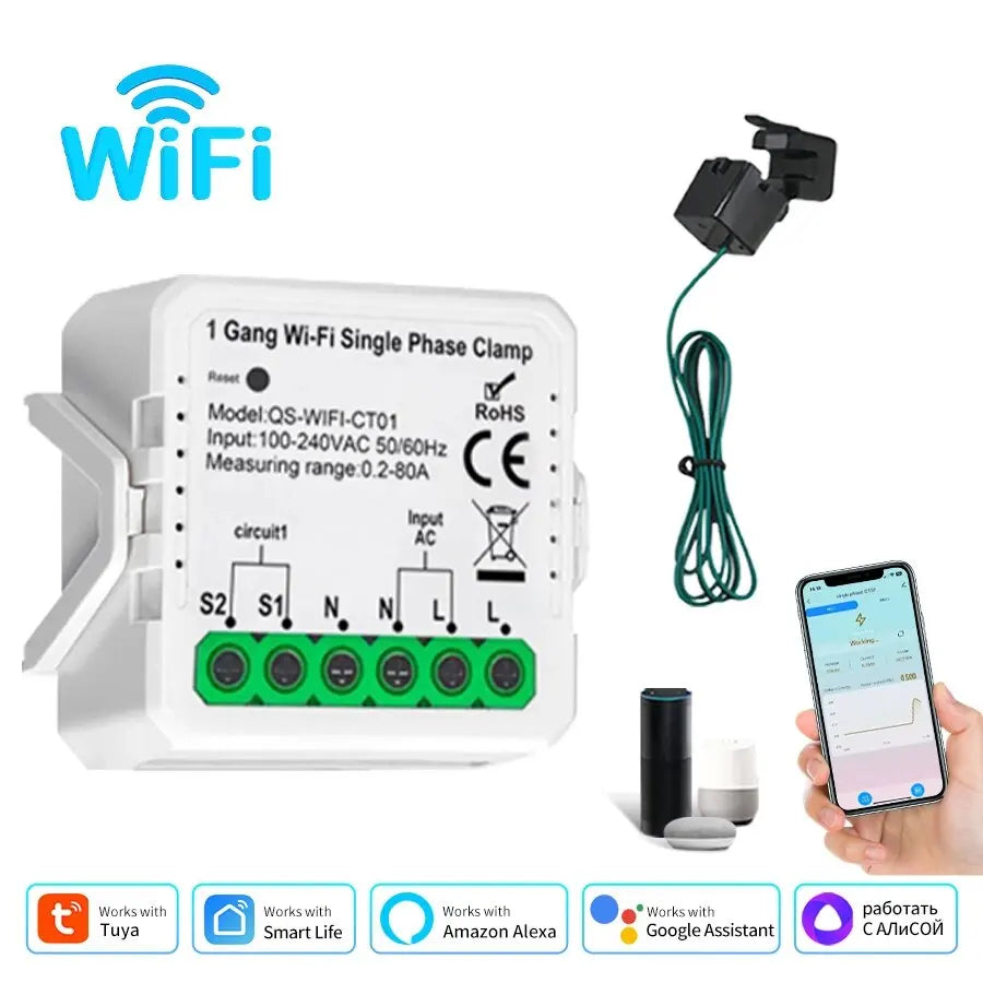 1CH 2CH Tuya WiFi Smart Energy Meter AC100-240V Current Transformer Clamp APP Control 80A Power Monitor Electricity Statistics Peaceful Pleasures Health and Wellness 1CH