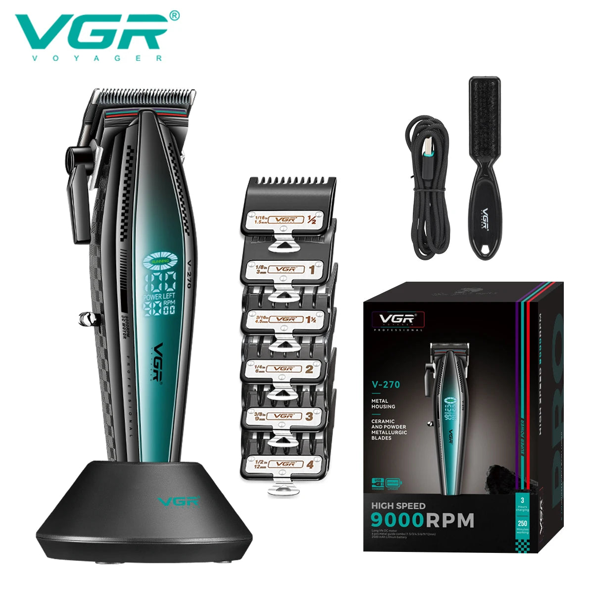 VGR V-992 V-270 high-end men's hair clipper with gradient color body, professional hair trimmer with LCD digital display and pus Peaceful Pleasures Health and Wellness V-270blue
