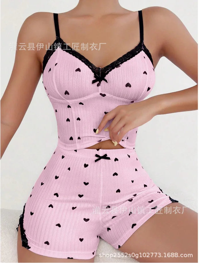 Cross-border casual lace trim bowknot suspender shorts women's thin home wear set European and American new style Peaceful Pleasures Health and Wellness Pink XL