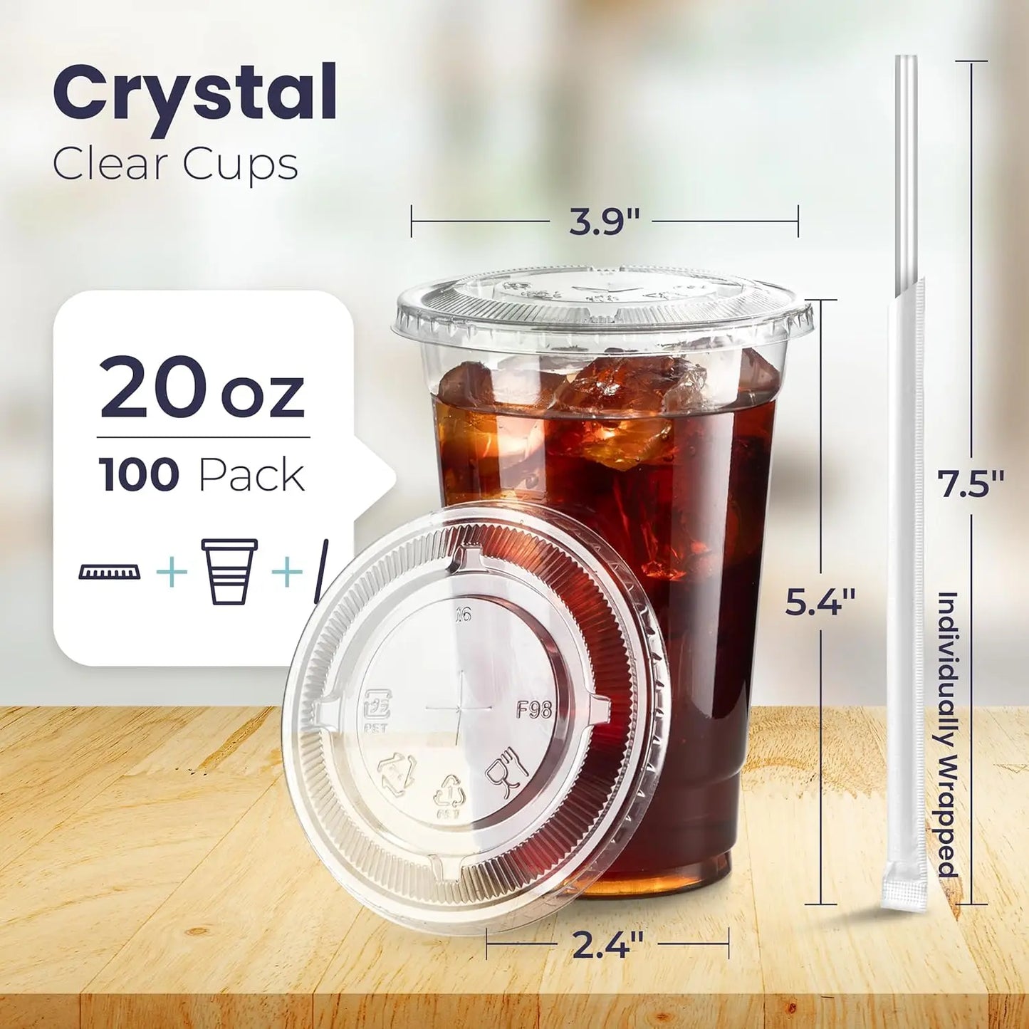 100 Pack 12/16/20/24OZ Clear Plastic Cups with Flat Lids and Straws Free BPA for Iced Coffee Party Smoothie, Cold Drinks Peaceful Pleasures Health and Wellness 20oz 100pcs
