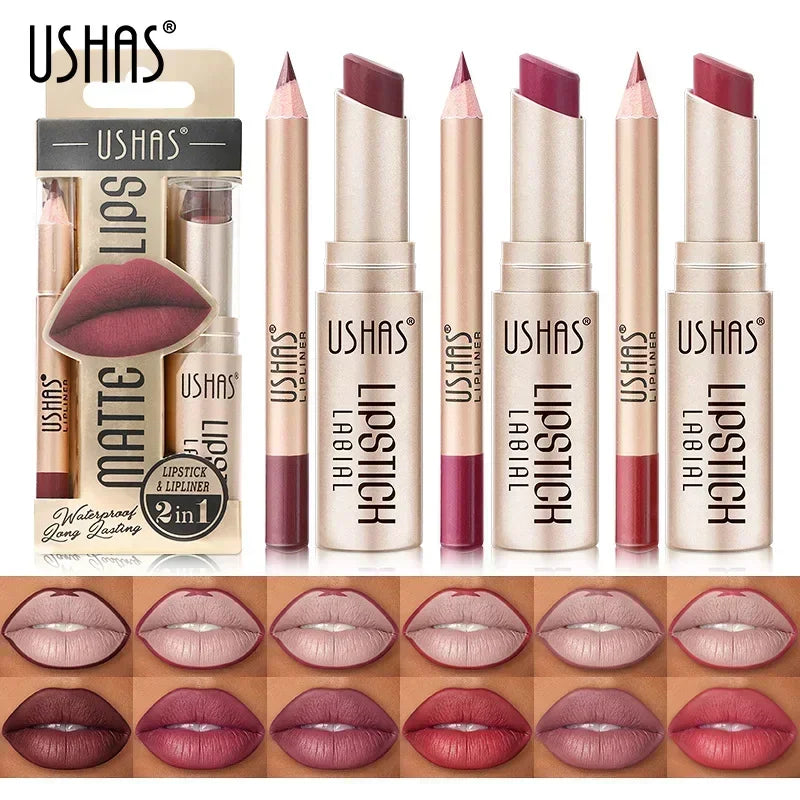 Professional 2 In 1 Lip Liner Lipstick Set Matte Finish High Pigment Long Lasting Waterproof Sweatproof Cosmetic Beauty Makeup Peaceful Pleasures Health and Wellness
