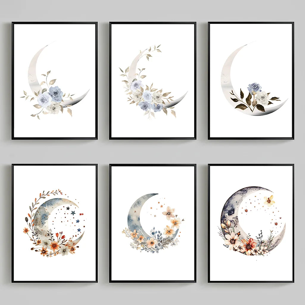 Plant Flower Wall Art, Nordic Moon Canvas Painting, Minimalist Aesthetic Poster Print for Living Room Bedroom Wall Decor Peaceful Pleasures Health and Wellness