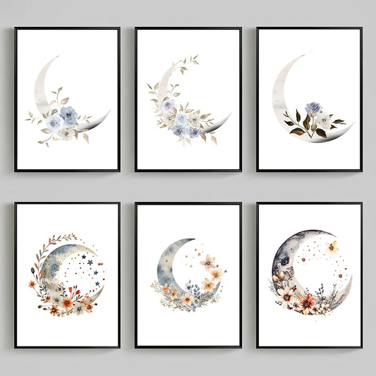 Plant Flower Wall Art, Nordic Moon Canvas Painting, Minimalist Aesthetic Poster Print for Living Room Bedroom Wall Decor Peaceful Pleasures Health and Wellness