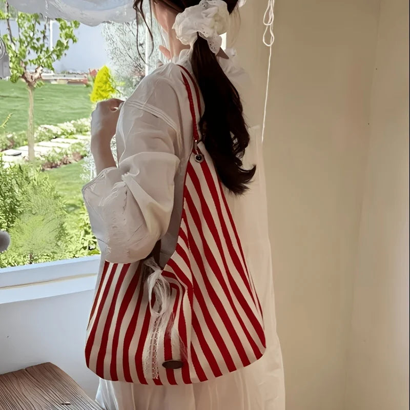 Double-Sided Women's Striped Tote Bag with Lace Bow | Large Tote