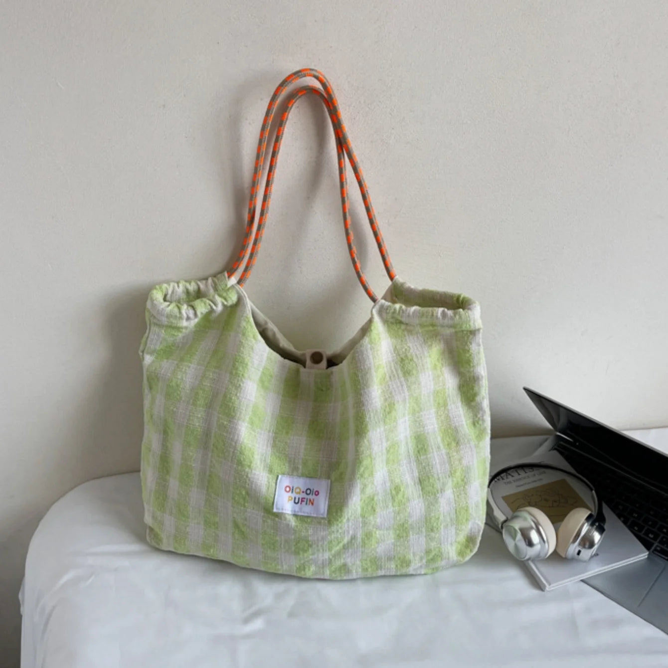 Women's Large Canvas Tote Bag – Korean Plaid Shoulder Bag