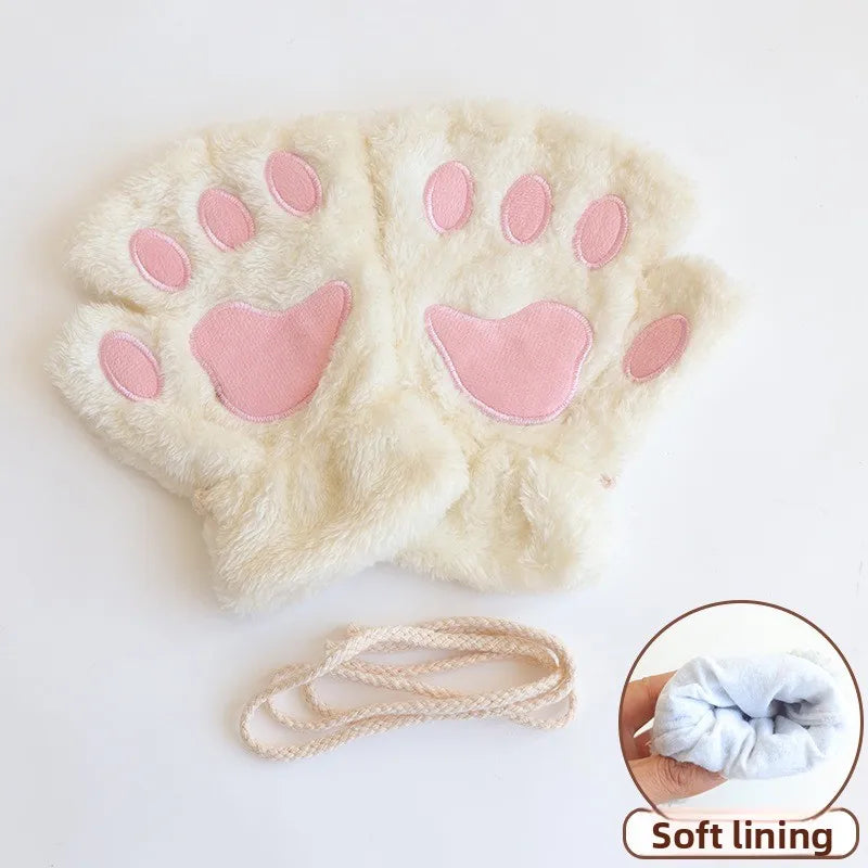 Cat Paw Fuzzy Fingerless Gloves – Soft Plush Winter Mittens