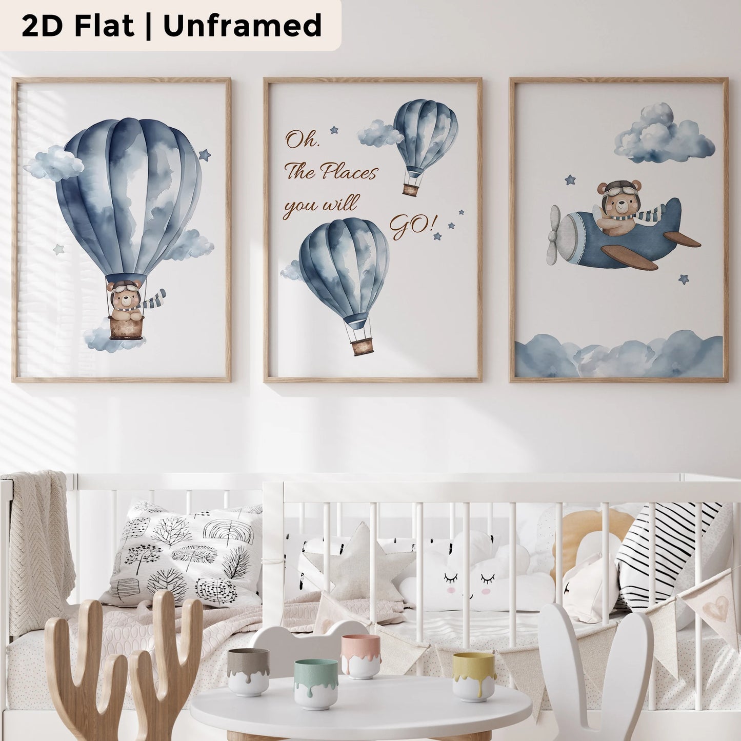 3-Piece Cartoon Blue Bear Airplane Canvas Wall Art Print Set