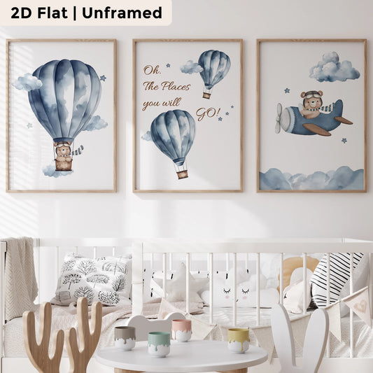 3-Piece Cartoon Blue Bear Airplane Canvas Wall Art Print Set Canvas Wall Art Set Peaceful Pleasures Health and Wellness CH269-3pcs 50x70cm Unframed
