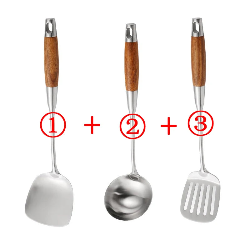 Rosewood Handle Stainless Steel Cookware Set Kitchen Durable Wok Spatula Colander Shovel Cooking Utensil Kitchenware Accessories