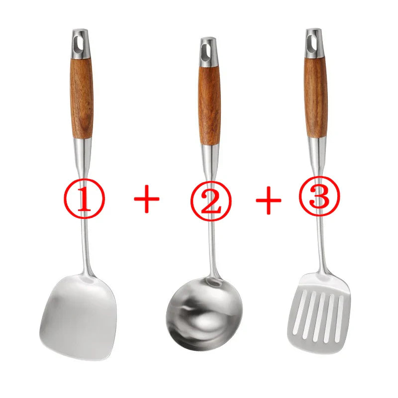 4-Piece Stainless Steel Cooking Utensil Set – Wooden Handle