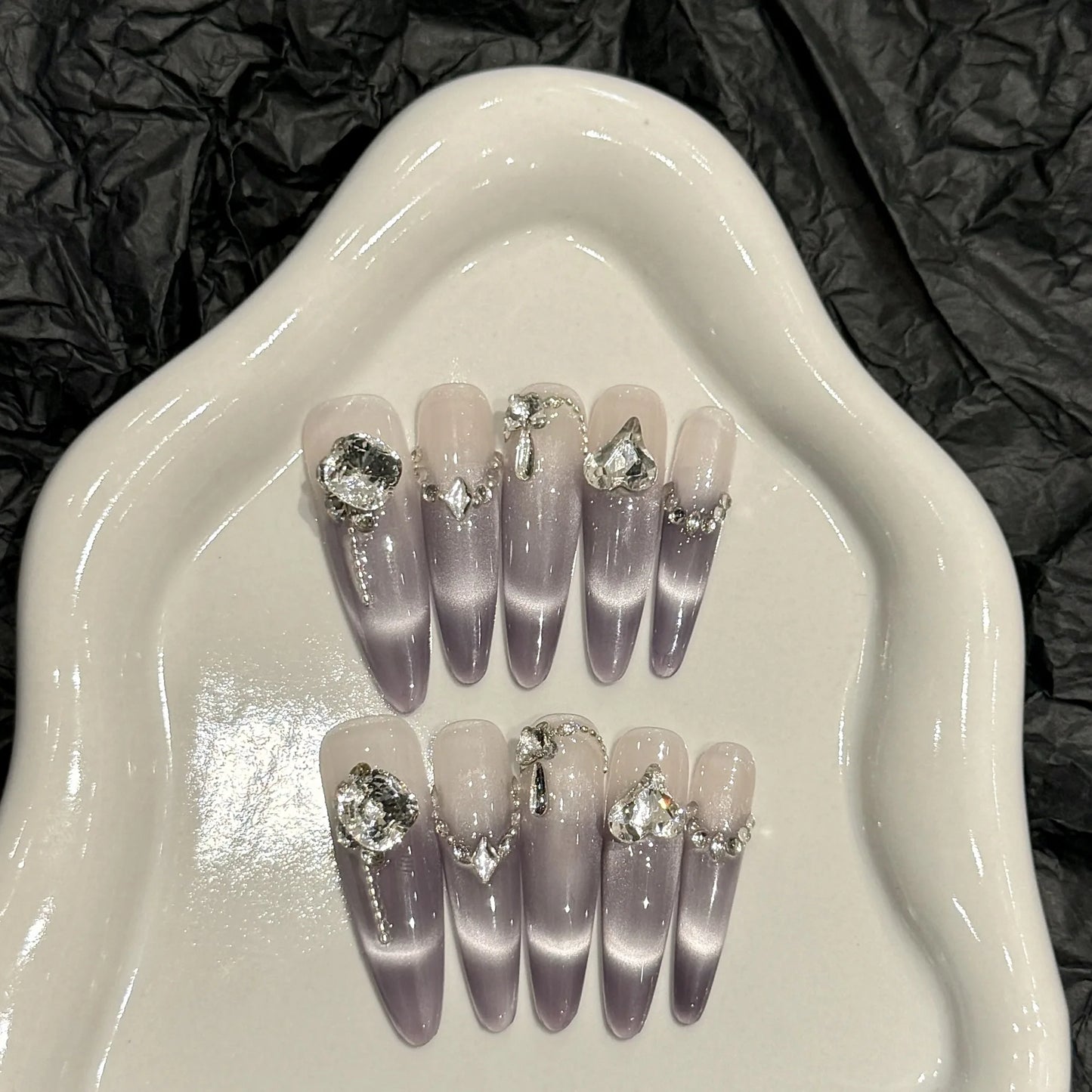 Handmade Press on Nails Glitter Rhinestone Purple Cat Eye Fake Nails Full Cover Wearable European Long Oval Head False Nails Peaceful Pleasures Health and Wellness XS