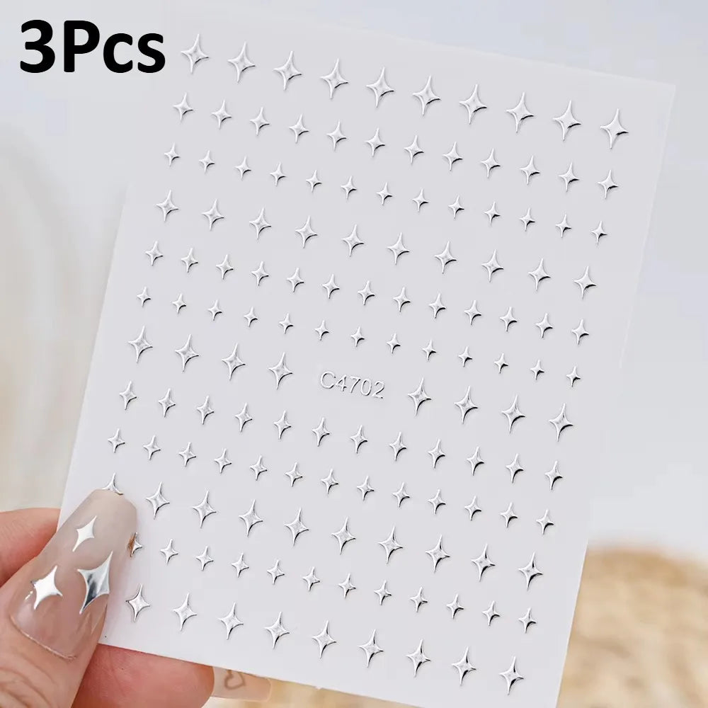 3D Silver Nail Art Stickers – Stars, Hearts & Chain Decals