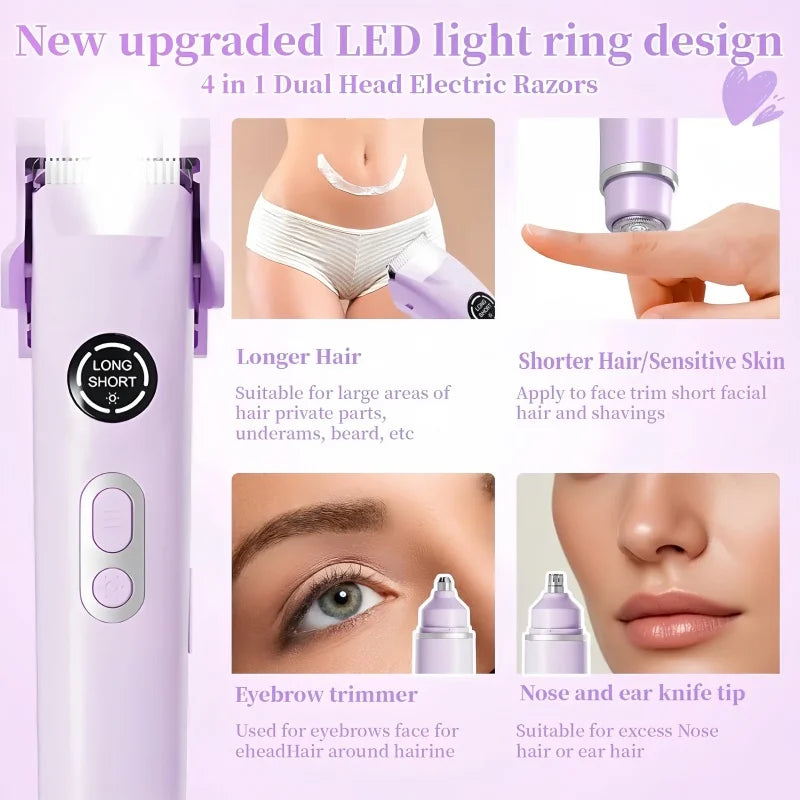 Newest 4-in-1 Electric Painless Hair Shaver IPX7 Waterproof Battery-Powered Dual Head Hair Removal for Women Men All Areas Peaceful Pleasures Health and Wellness