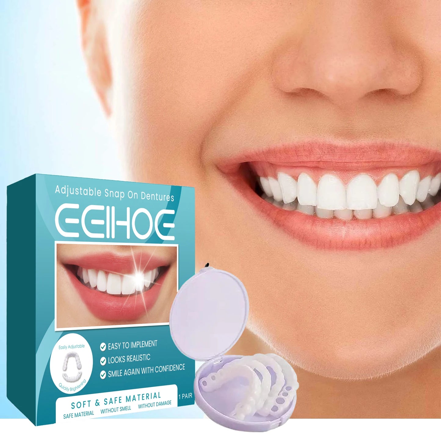Adjustable Snap on Dentures Help Cover up Dirty Plaque Soft Comfortable Material Natural Tooth Color Adjustable Buckle Dentures Peaceful Pleasures Health and Wellness