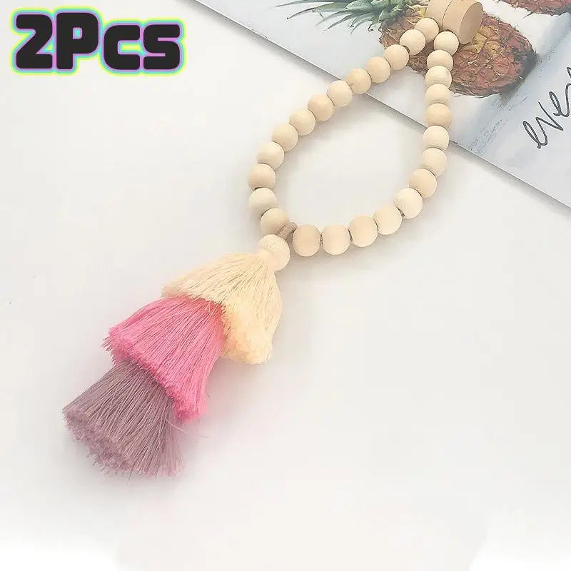Bohemian Wooden Bead Curtain Tie Backs with Tassel & Magnet – 2Pcs Curtain Tie Backs Peaceful Pleasures Health and Wellness Pink