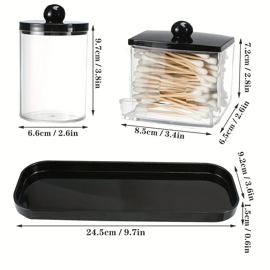 Apothecary Jar Qtip & Cotton Round Holder with Tray – 3 Pack Bathroom Organizer Set
