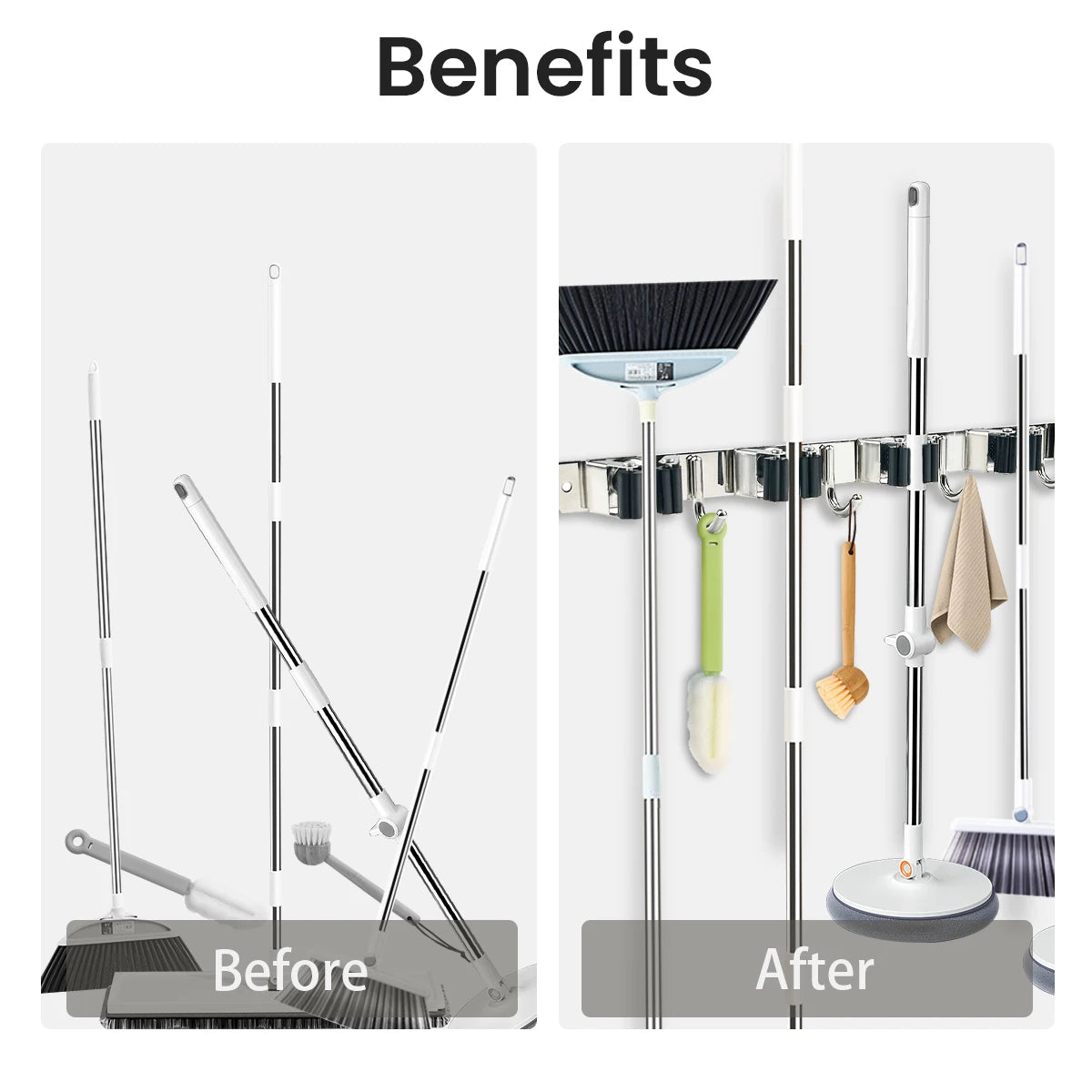 4-Hook Adhesive Broom Mop Organizer Stainless Steel Wall-Mounted Non-Slip Rack Storage Solution for Home Kitchen Garden Laundry Peaceful Pleasures Health and Wellness