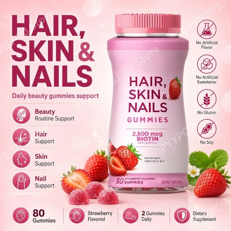 Hair Skin & Nails Gummies | Biotin 2500mcg Vitamins A C E – 80ct