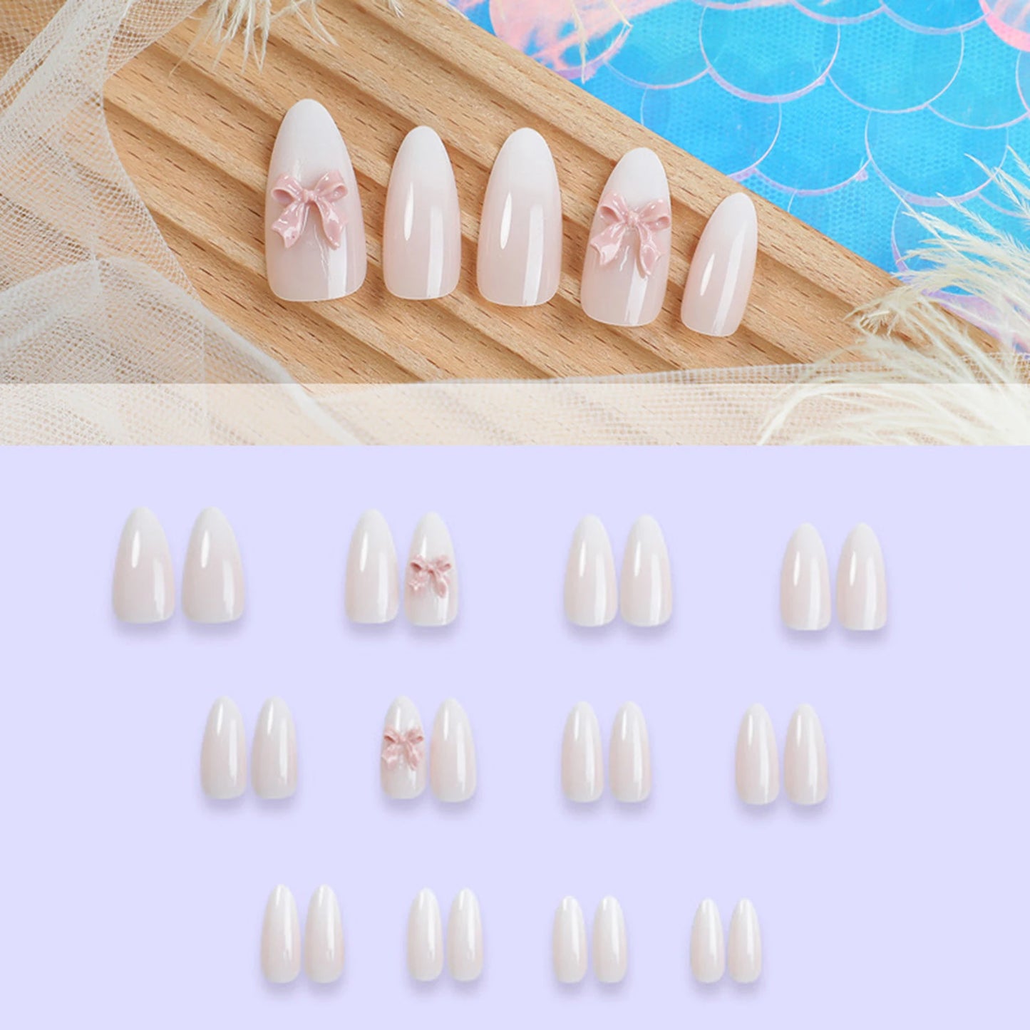 French Press-On Nails 3D Bow Lace Polka Dot Almond 24pcs
