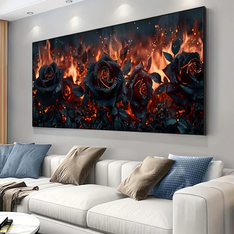 Large Frameless Black Burning Roses Canvas Art - Modern Wall Decor for Living Room & Bedroom, Flames & Roses Design, Home Decor Peaceful Pleasures Health and Wellness