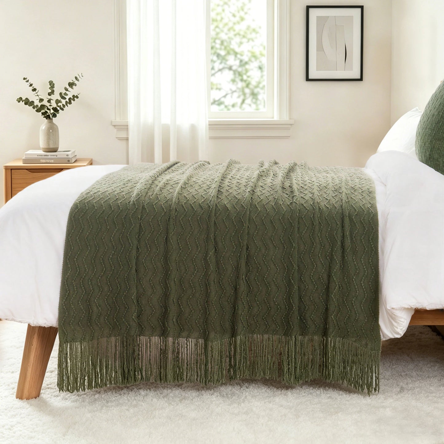 Battilo Green Knit Throw Blanket with Tassels | 50x60" Lightweight