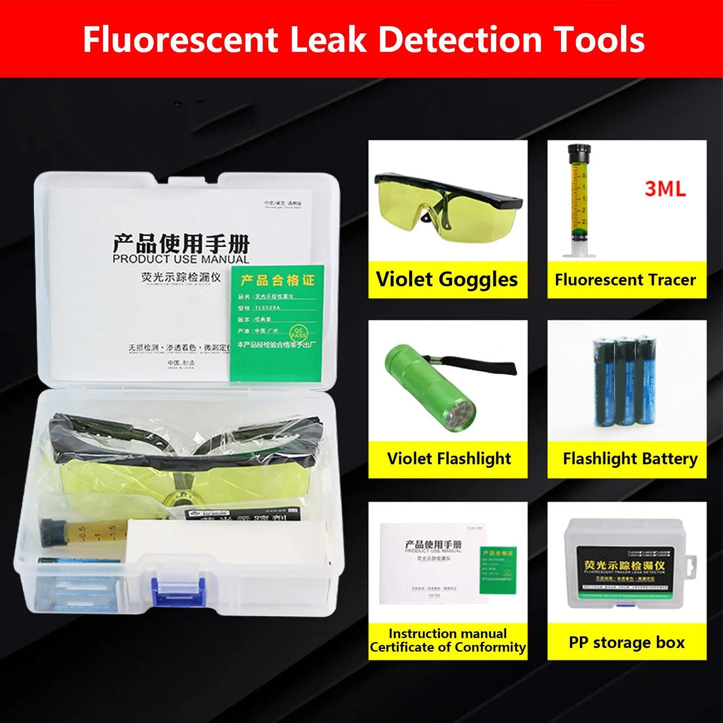 Auto Fluorescent Leak Detection Auto Air Conditioning R134a Refrigerant Gas Freons AC Leak Test Detector Repair Tool UV Dye Peaceful Pleasures Health and Wellness