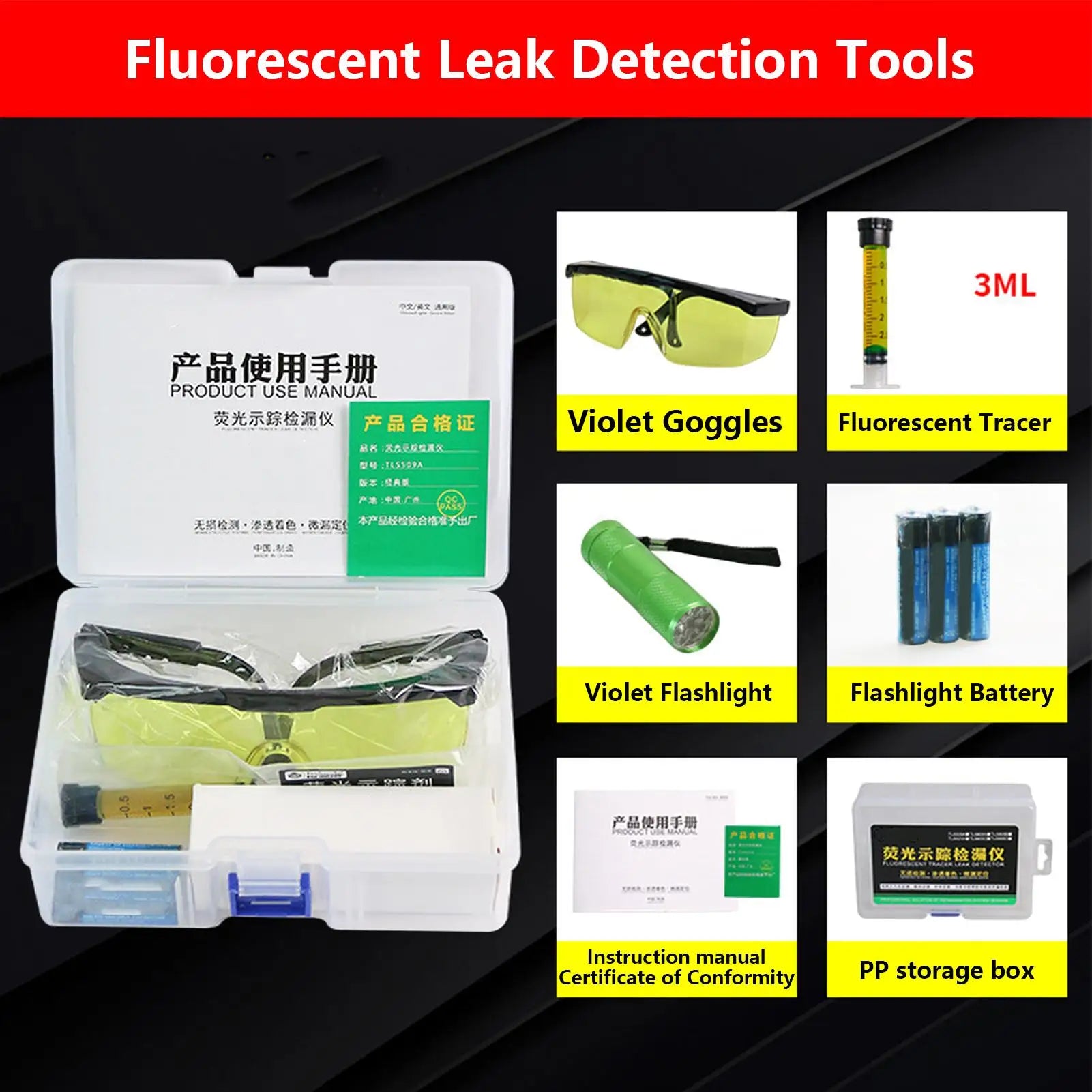 Auto Fluorescent Leak Detection Auto Air Conditioning R134a Refrigerant Gas Freons AC Leak Test Detector Repair Tool UV Dye Peaceful Pleasures Health and Wellness