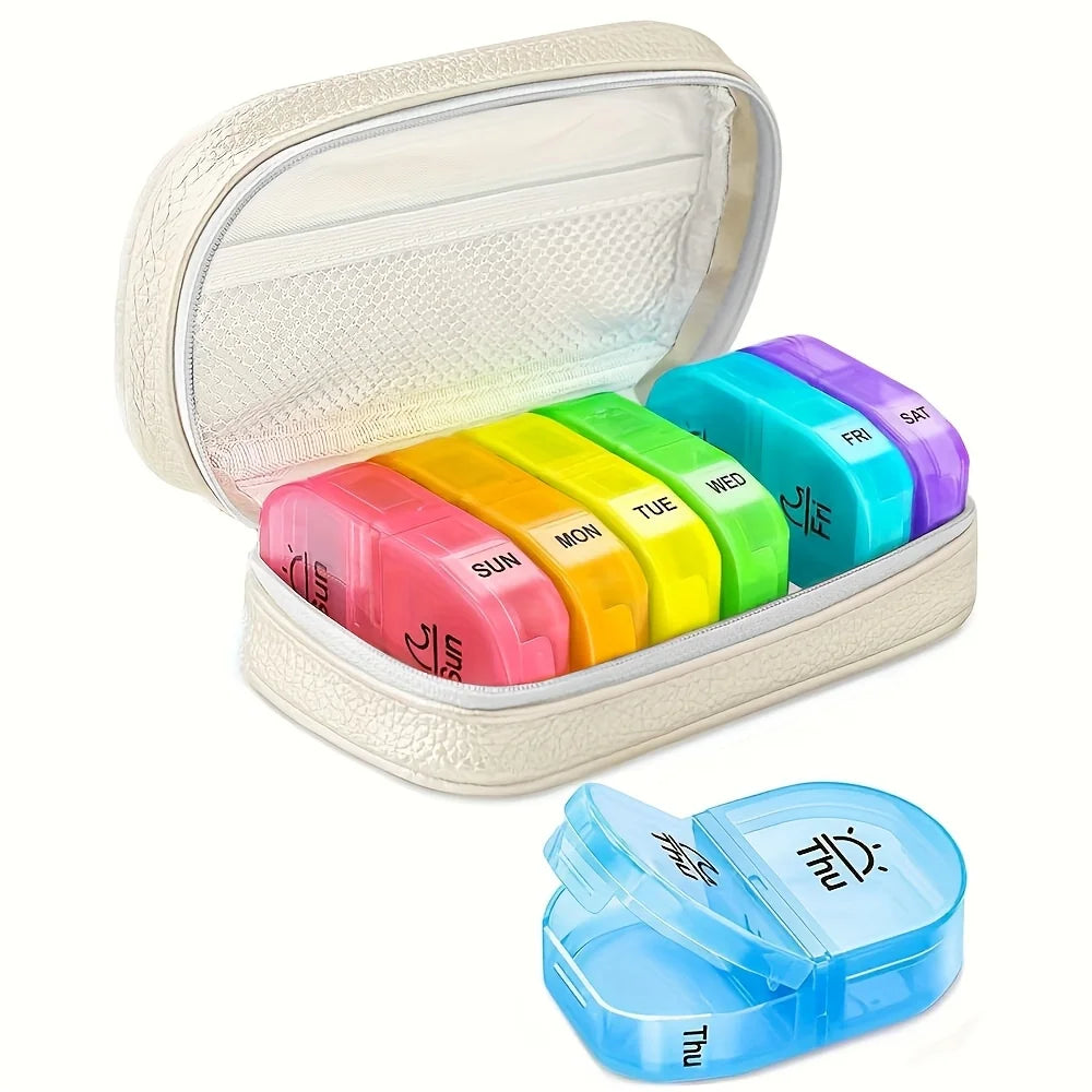 Cute Pill Organizer 2 Times a Day, PU Leather Pill Case, Portable Weekly Pill Box for Purse with Storage Bag to Hold Peaceful Pleasures Health and Wellness