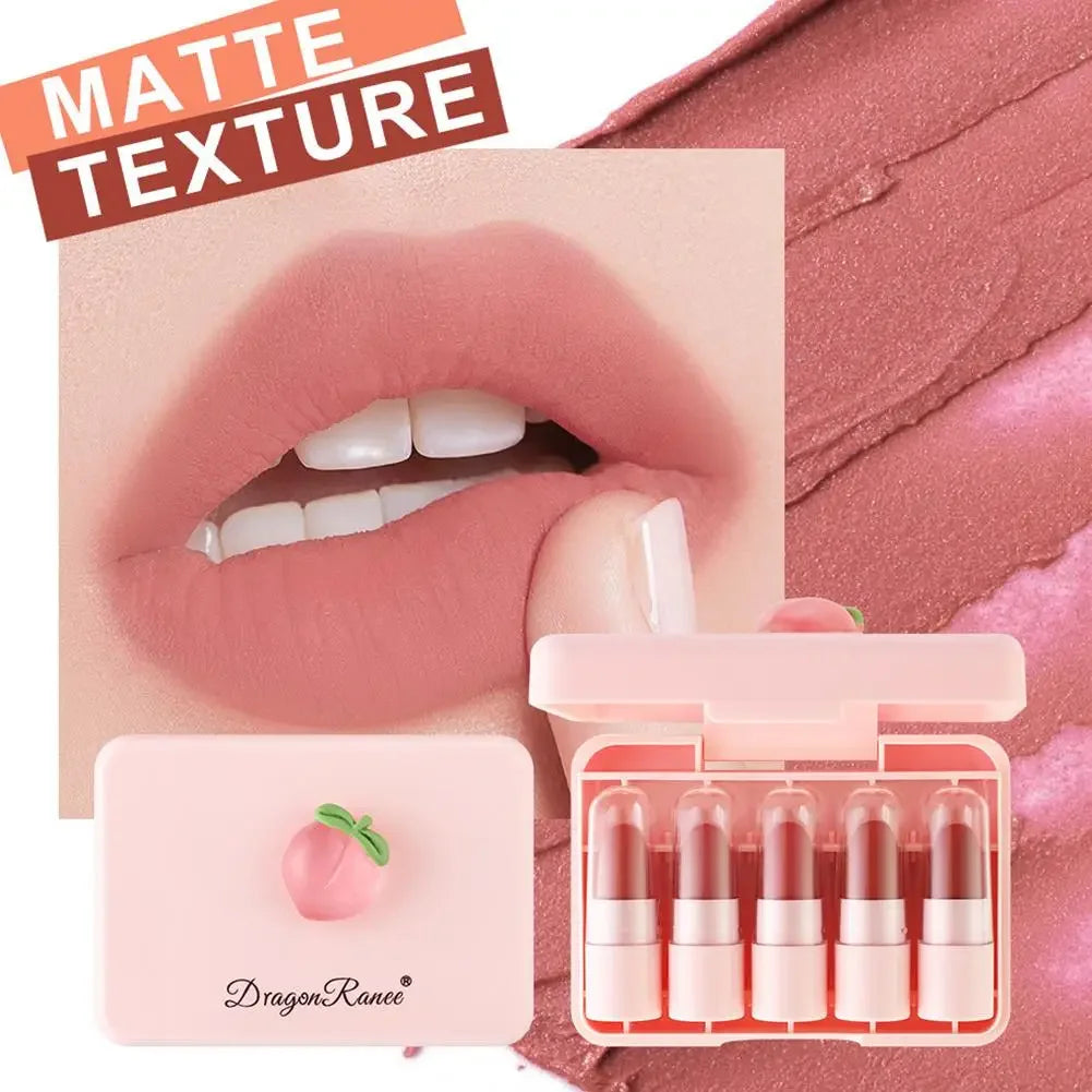 5Pcs Mini Lip Gloss Lipstick Makeup Gift Peach Lipstick Lip Tint Set Cute Matte Lipsticks Waterproof Long-lasting Non Stick Cup Peaceful Pleasures Health and Wellness