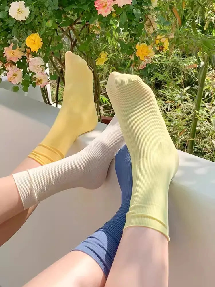Women Colorful Loose No Pilling Socks Knitting Rib Ice Thin Spring Summer Female Socks High Tube Streetwear College Style Sock Peaceful Pleasures Health and Wellness