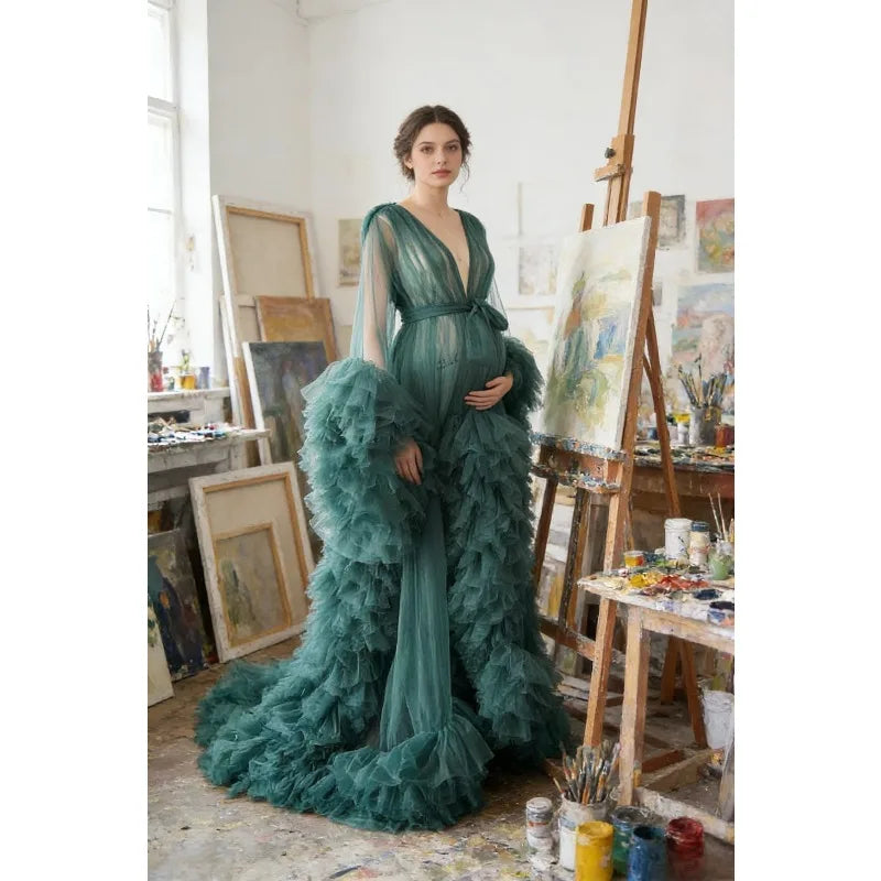 Photoshoot-Ready Tulle Maternity Gown - Puffy Ruffles, Bridal Style, Long Lingerie Dressing Robe for Pregnancy Peaceful Pleasures Health and Wellness