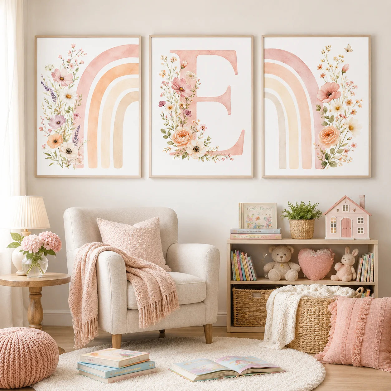 Custom Alphabet Wall Art Floral Rainbow Letter Canvas Painting Pink Poster Print Kids Room Wall Decor Peaceful Pleasures Health and Wellness