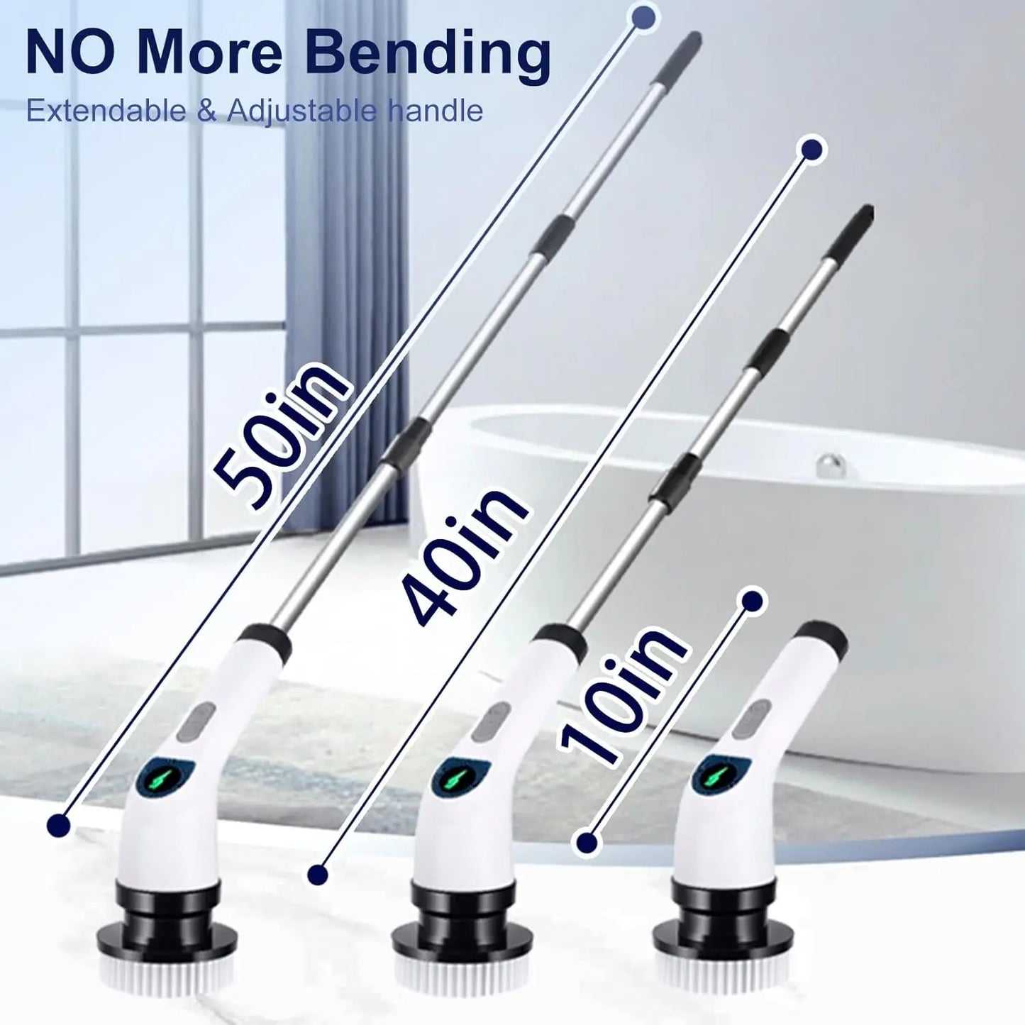 Set of three cleaning tools with extendable handles, labeled 10in, 40in, and 50in, against a bathroom background.