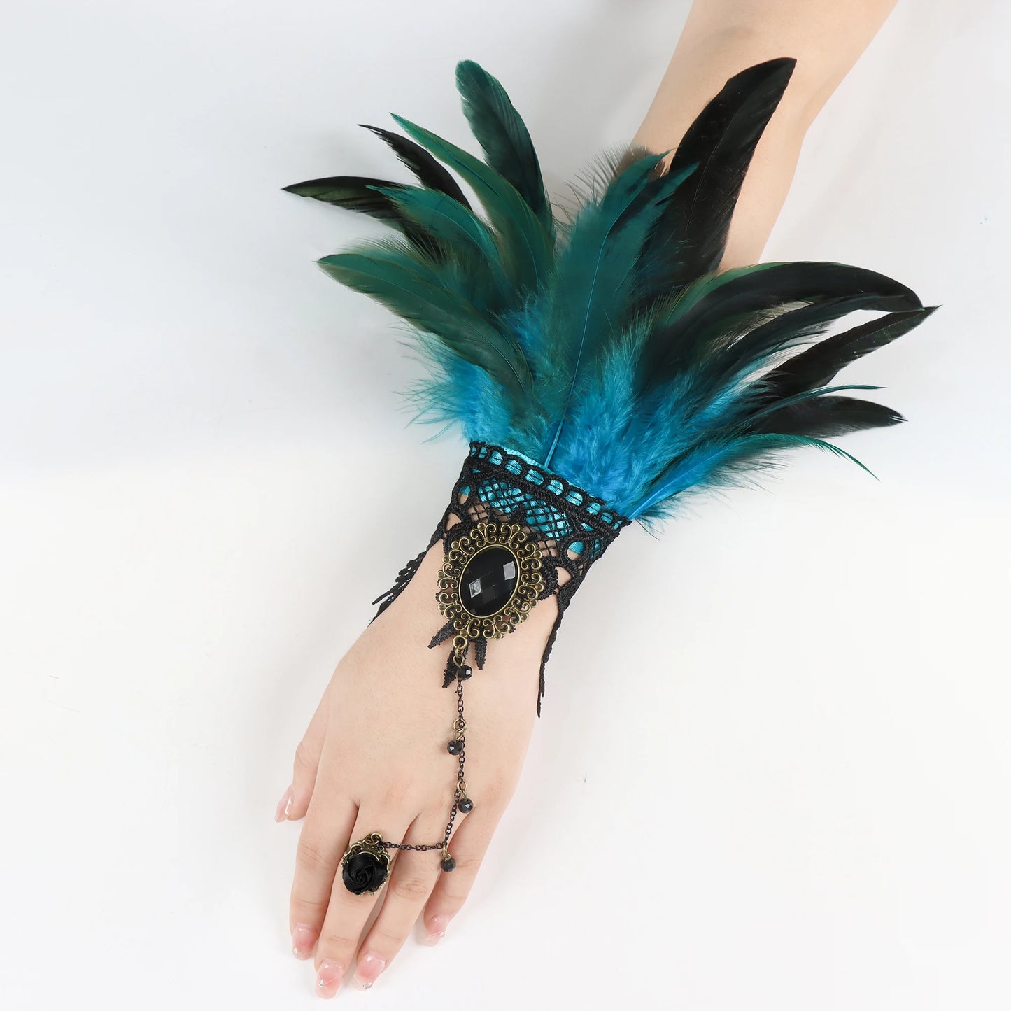 Lace Feather Wrist Cuffs Rave Gloves Steampunk Gothic Glove Sleeve
