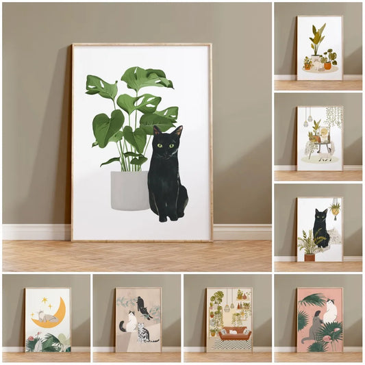 Watercolor Kittens Print Cat and Plant Poster Wall Art Leisurely Cute Kitty Canvas Painting Living Room Bedroom Home Decor Peaceful Pleasures Health and Wellness