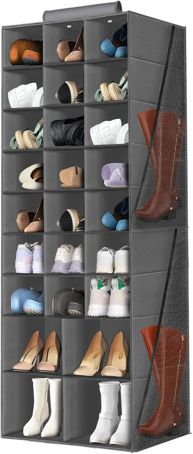 Gray shoe organizer with various shoes displayed on shelves