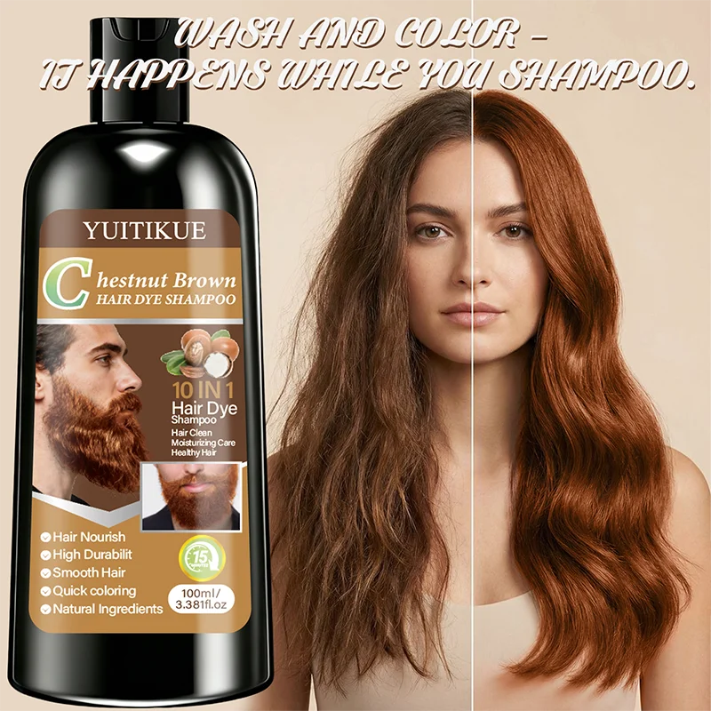 YUITIKUE Chestnut Brown Hair Dye Shampoo 100ml 10-in-1 Natural Ingredients Quick Coloring Nourishing Hair Care Peaceful Pleasures Health and Wellness