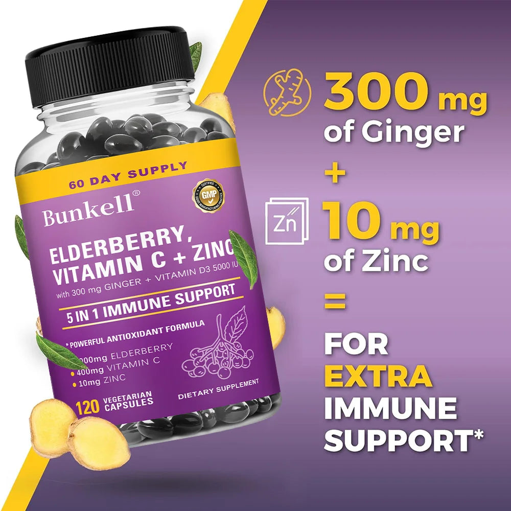 Elderberry Immune Support Capsules 1000MG with Vitamin C Zinc & Ginger - Antioxidant, Healthy Skin, Energy Boost for Men & Women Peaceful Pleasures Health and Wellness
