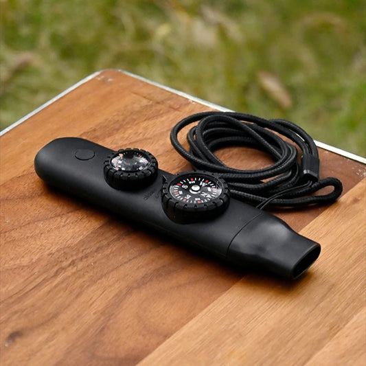 5 in 1 Emergency Safety Whistle Survival compass thermometer flashlight with Mini Compass for Outdoor Hiking Camping Peaceful Pleasures Health and Wellness black
