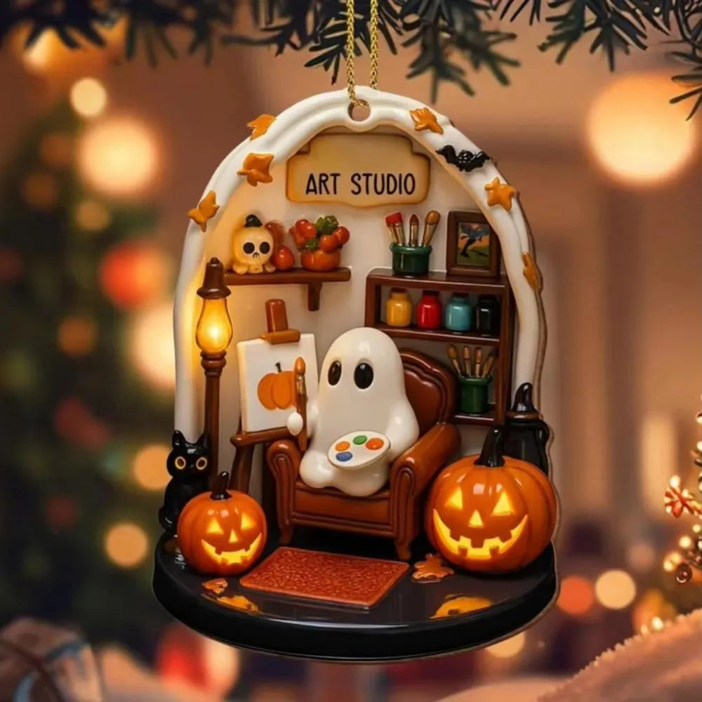 Cute Reading Ghost Halloween Acrylic Ornament | Spooky Décor