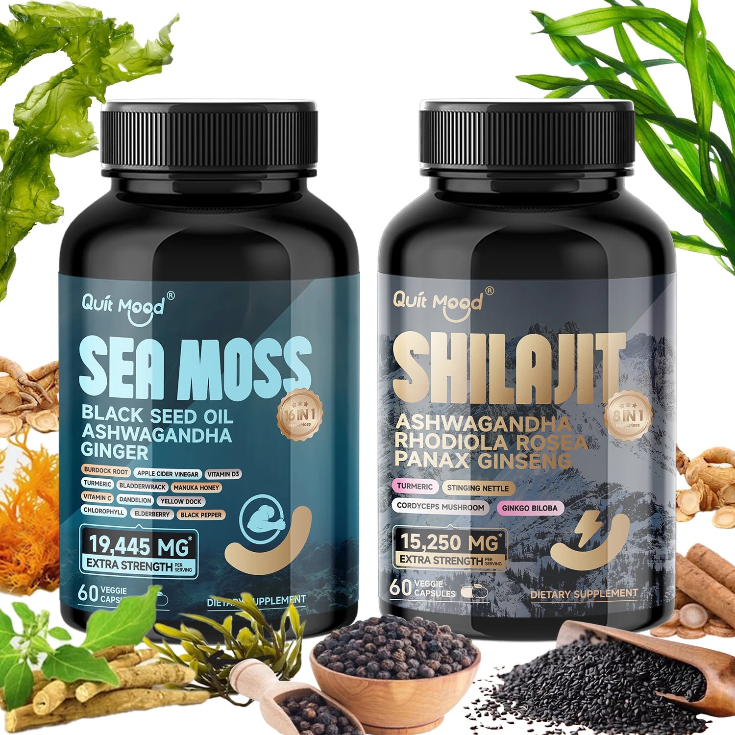 Shilajit 9000 Panax Ginseng 1500MG Ashwagandha 2000MG Rhodiola Rosea 1000MG, Turmeric 500MG, Gingko Biloba 500MG, Stinging Nettl Peaceful Pleasures Health and Wellness