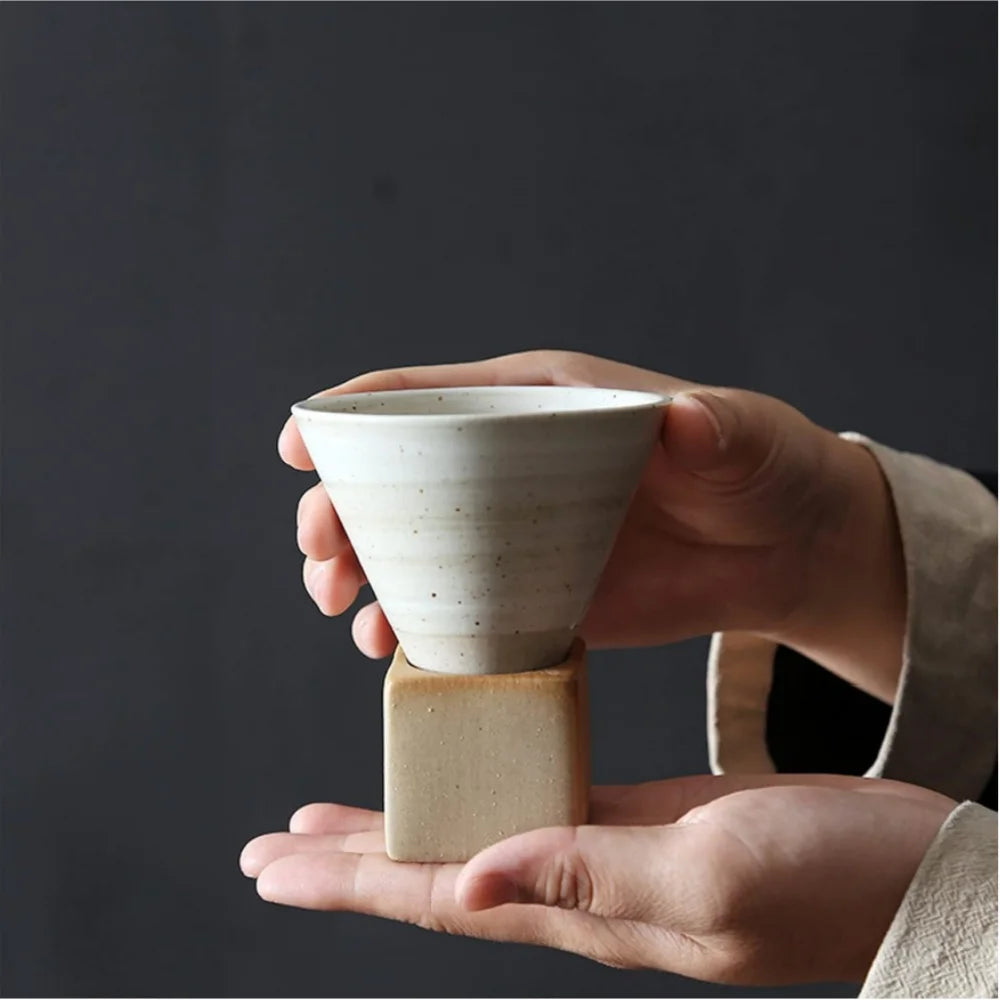 100ml Coarse Pottery Coffee Mugs, Japanese Style Ceramic Tea Cups Triangular Cone Shape Porcelain Retro Mug with Square Base Peaceful Pleasures Health and Wellness