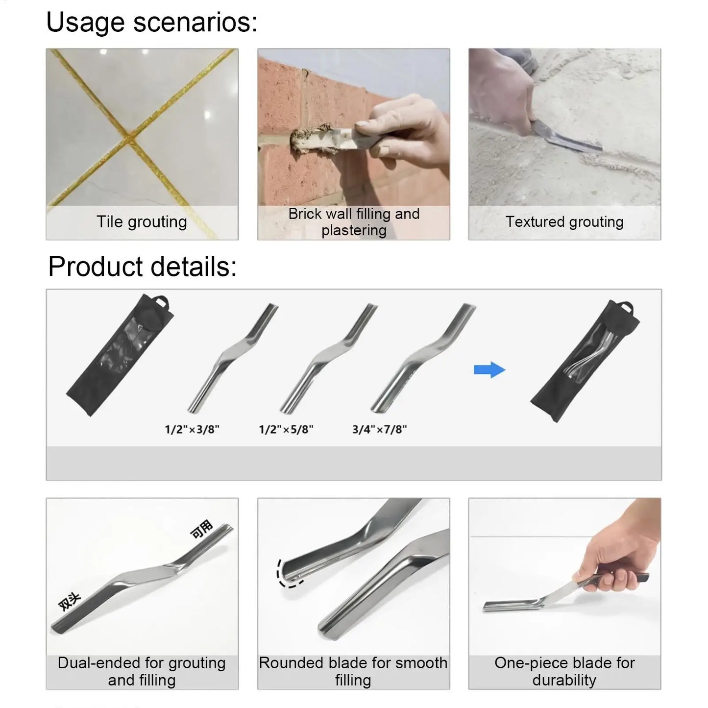 3-Piece Stainless Steel Grout Finishing & Caulking Tool Kit