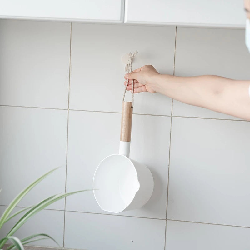Large Plastic Water Ladle Scoop with Wooden Handle – 15.8cm Bowl, Kitchen & Bathroom Use